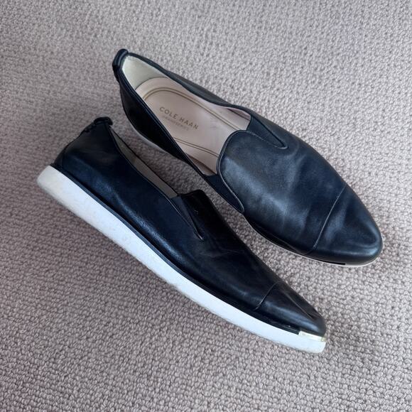 Cole Haan 8B Grand Series Black Leather Slip on Flats Shoes White Sole - Picture 7 of 7